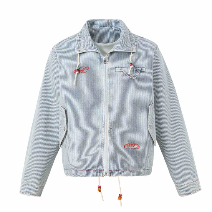 Unisex Short Striped Denim Blouson Jacket with Decorative Cords Mune Fashion