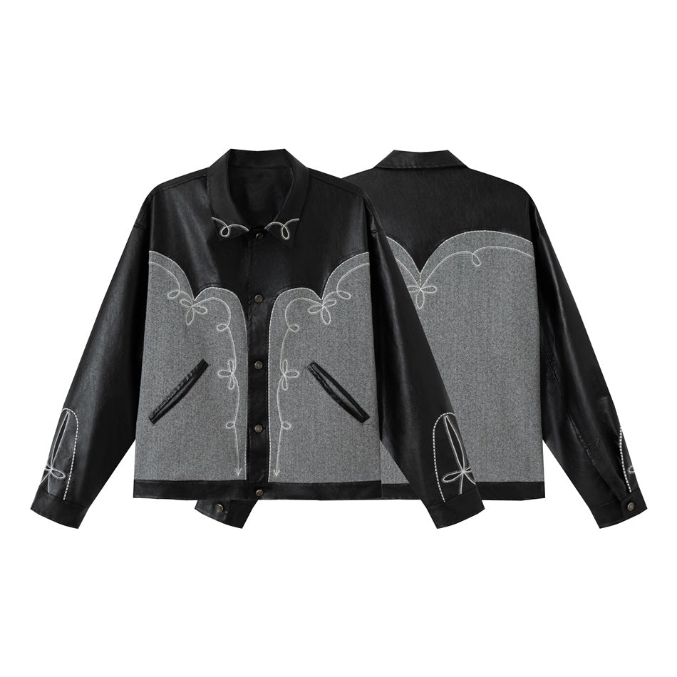 Unisex Boxy Blouson made of faux leather and wool blend with Western embroidery Mune Fashion