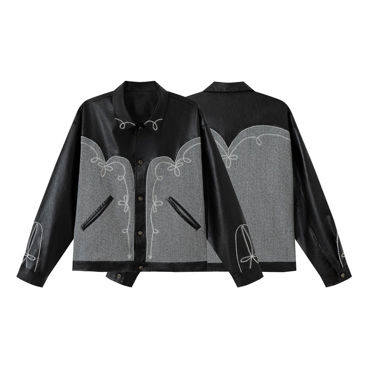 Unisex Boxy Blouson made of faux leather and wool blend with Western embroidery Mune Fashion
