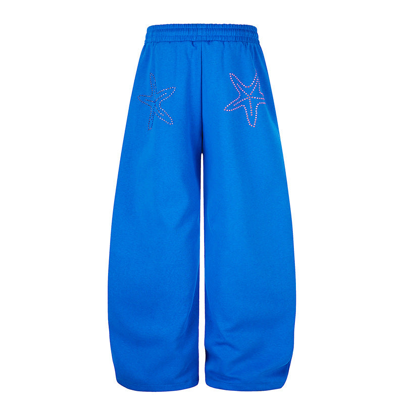Women's Extra Wide Palazzo Jogger Pants with Drawstring Waistband, Adjustable Hem and Rhinestone Lettering Mune Fashion