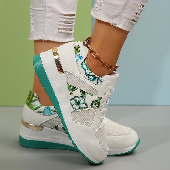 Women Wedge Sneakers with Floral Embroidery, Mesh Inserts and Metal Application Mune Fashion