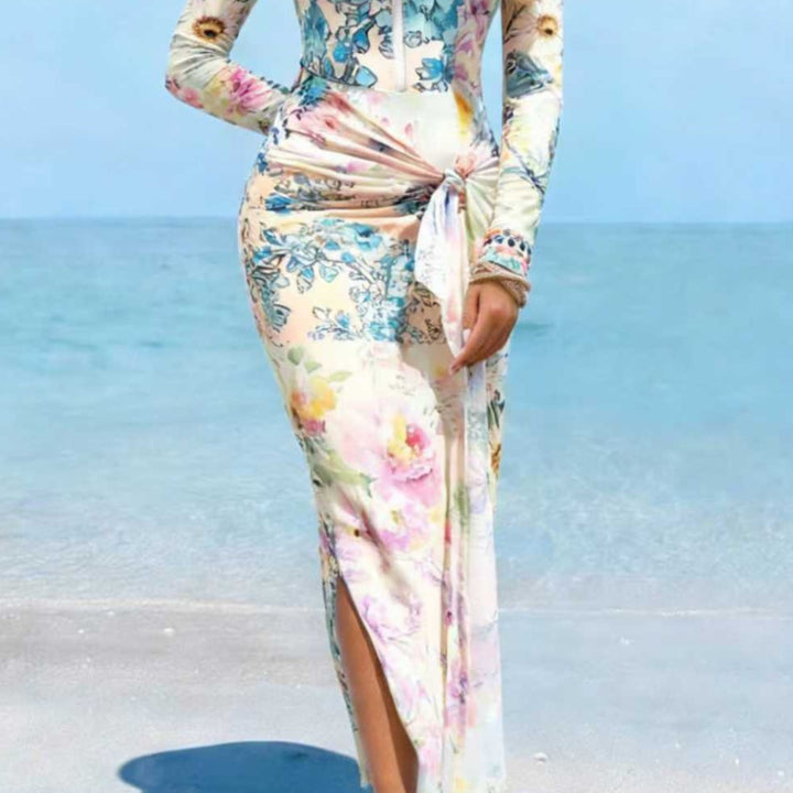 Women's Elegant Long Sleeve Beach Dress with Floral Design Mune Fashion