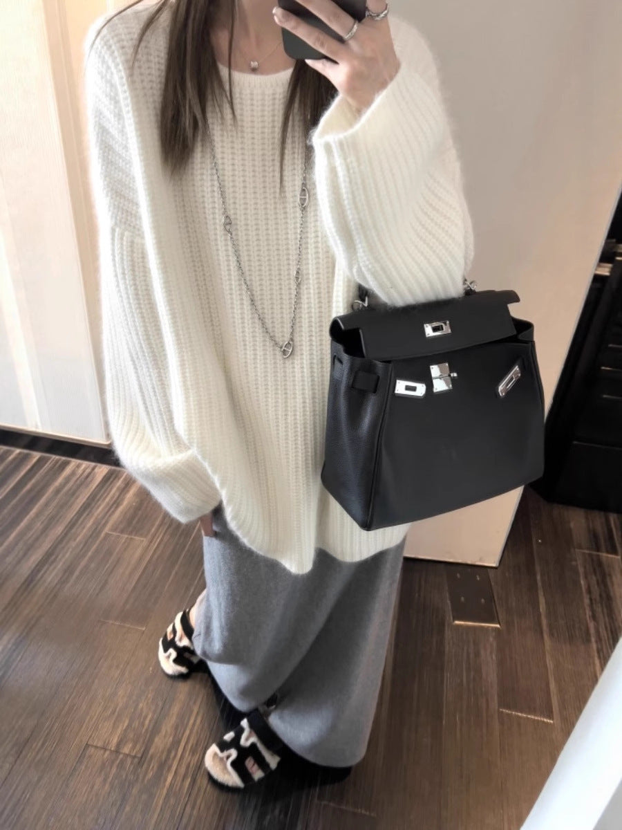 Women's Oversized Fluffy Sweater in Mohair Look with Textured Rib Design Mune Fashion