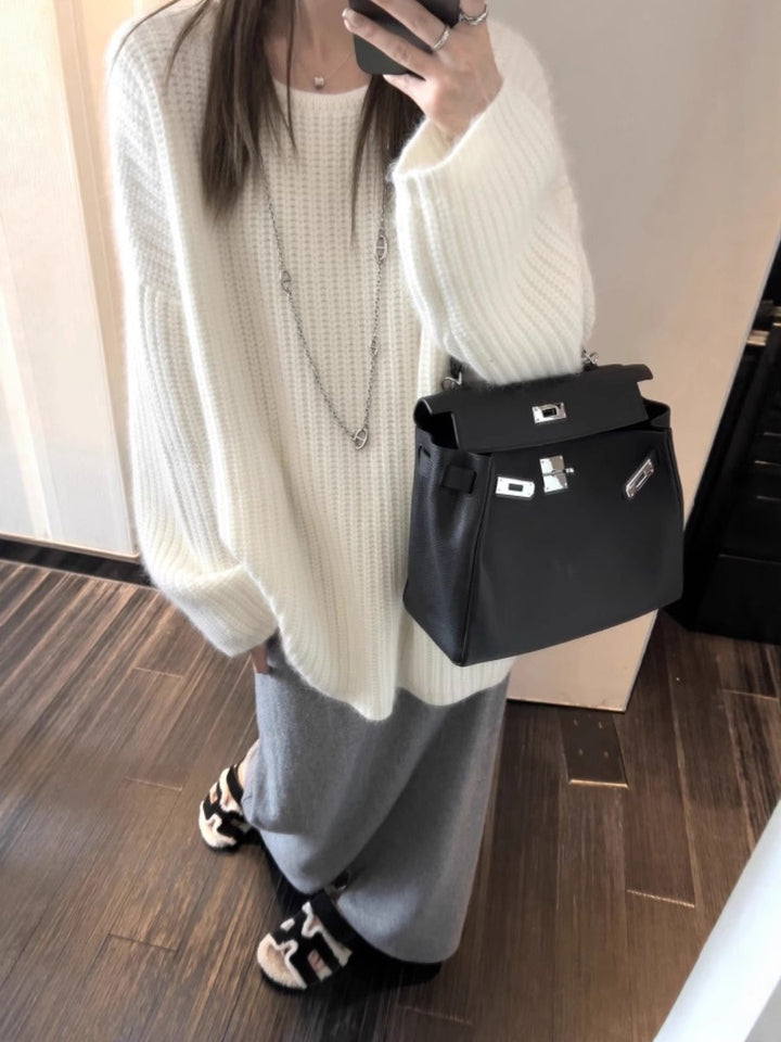 Women's Oversized Fluffy Sweater in Mohair Look with Textured Rib Design Mune Fashion