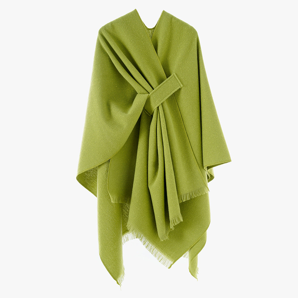 Women's lightweight wool blend wrap with fringes and tie belt Mune Fashion