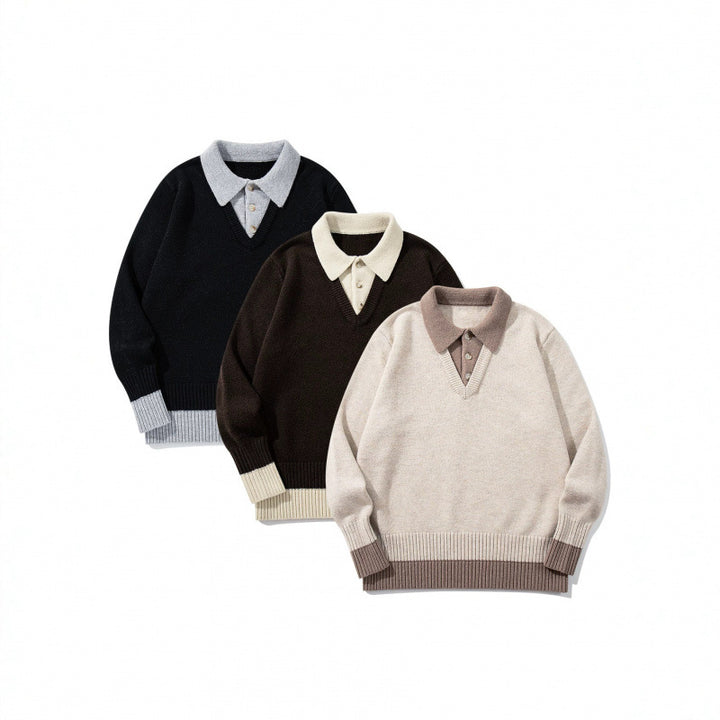Men's Oversized Fine Knit Polo with Contrast Trim Shirt Collar and Ribbed Cuffs Mune Fashion