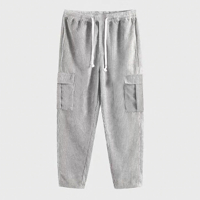 Men's corduroy cargo pants with elastic waistband, drawstring & applied flap pockets Mune Fashion