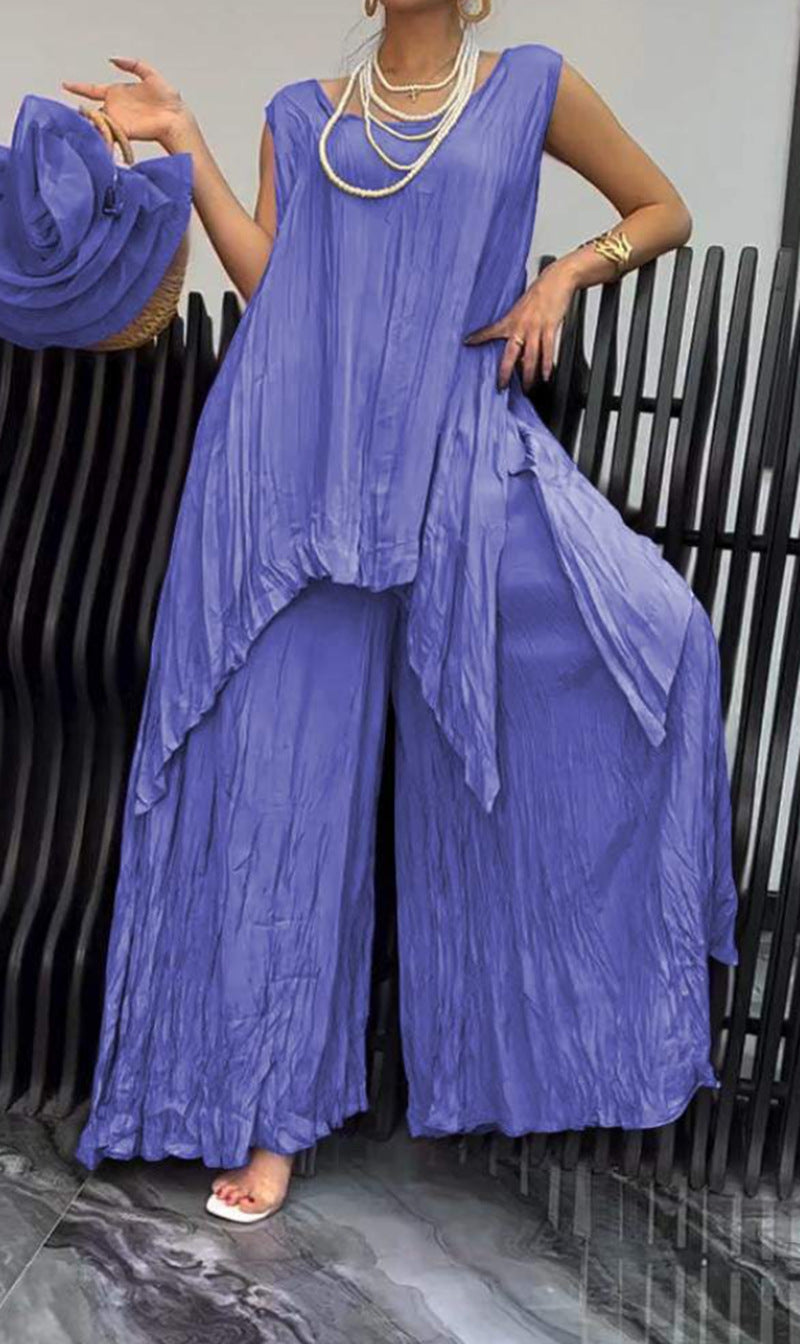 Women two-piece set in airy crinkle look with sleeveless tunic and wide palazzo pants Mune Fashion