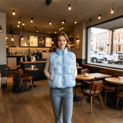 Women's short padded puffer jacket with high stand-up collar and practical side pockets Mune Fashion