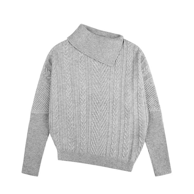 Women's asymmetrical cable knit sweater with diagonal turtleneck and oversized fit Mune Fashion