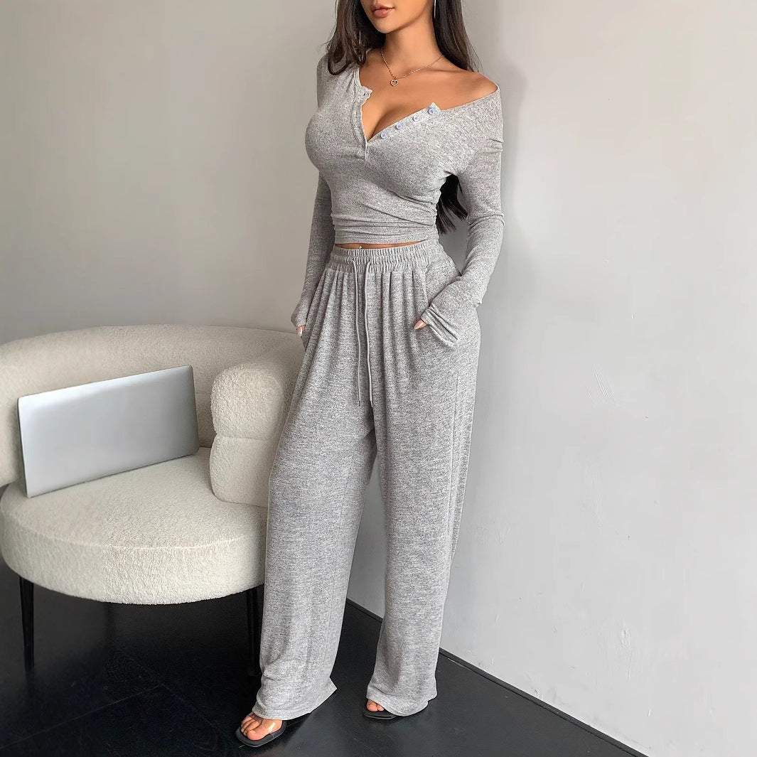 Women Casual Ribbed Knit Lounge Set with Off-Shoulder Henley Top and Wide Jog Pants Mune Fashion
