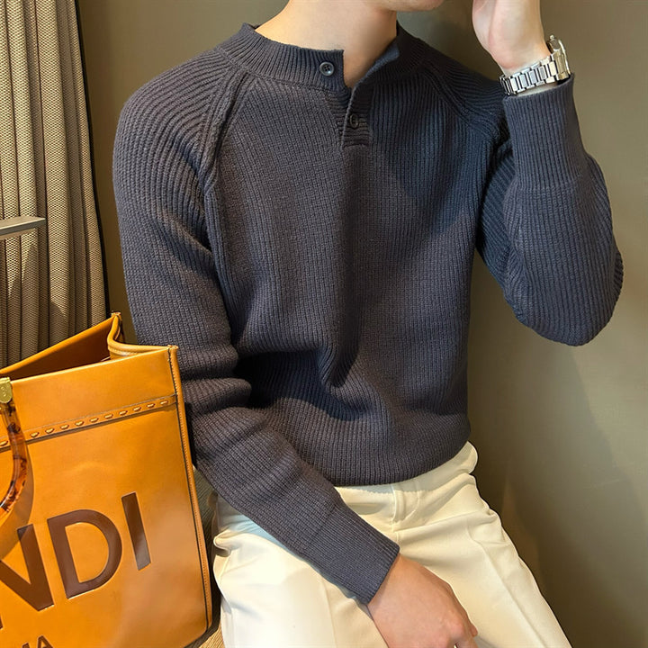 Men's fine knit Henley pullover with raglan sleeves and fine rib structure Mune Fashion
