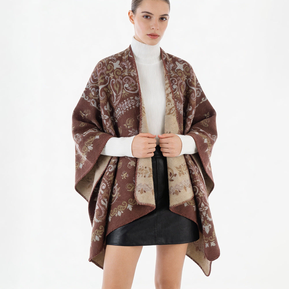 Women's Reversible Jacquard Cape Wrap with Ornamental Structure Mune Fashion