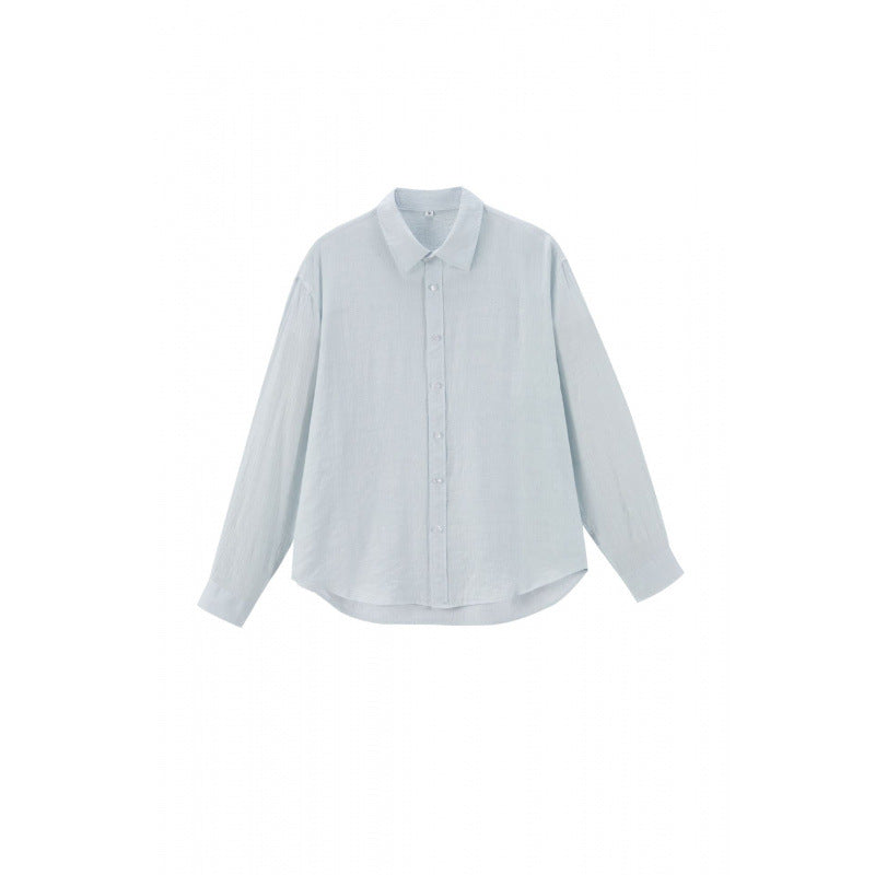Women's Loose Textured Linen-Cotton Shirt with Kent Collar and Rounded Hem Mune Fashion