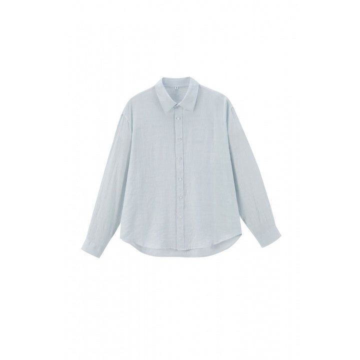 Women's Loose Textured Linen-Cotton Shirt with Kent Collar and Rounded Hem Mune Fashion