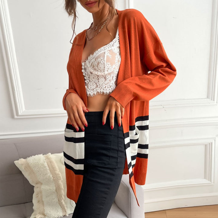Women's Longline Cardigan with Contrast Stripes, Patch Pockets & Ribbed Cuffs Mune Fashion