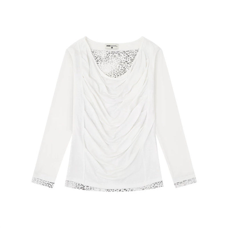 Women's Figure-Flattering Long Sleeve Shirt with Waterfall Draping and Animal Inside Lining Mune Fashion