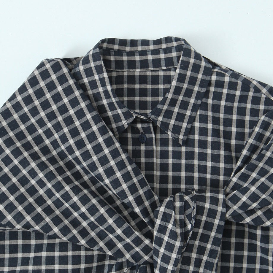 Women Checked Blouse Shirt with Asymmetrical Scarf Detail Mune Fashion