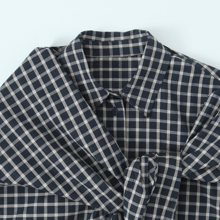 Women Checked Blouse Shirt with Asymmetrical Scarf Detail Mune Fashion