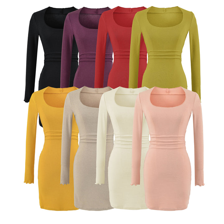 Women's Fitted Midi Dress with Square Neckline and Waist Ruching