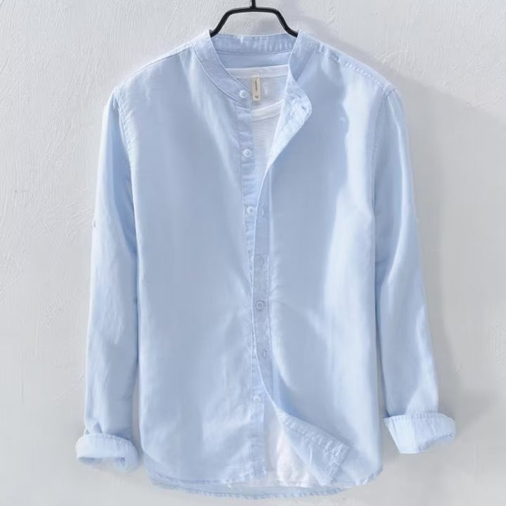Men's lightweight linen shirt with stand collar and full button placket Mune Fashion