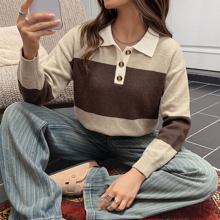 Women Striped Fine Knit Polo with Button Placket and Loose Fit Mune Fashion
