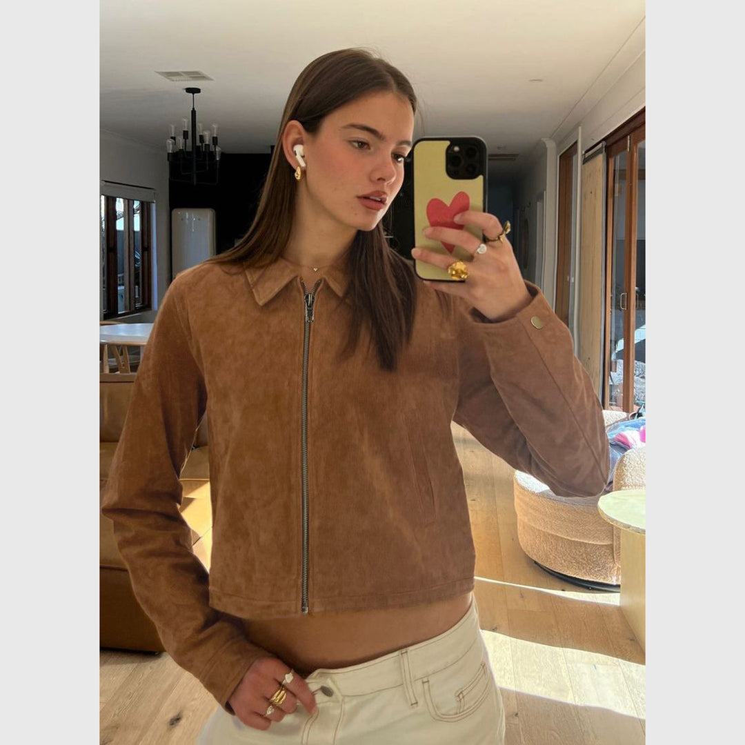Women's Short-cut Suede Look Blouson Jacket with Shirt Collar and Zipper Mune Fashion