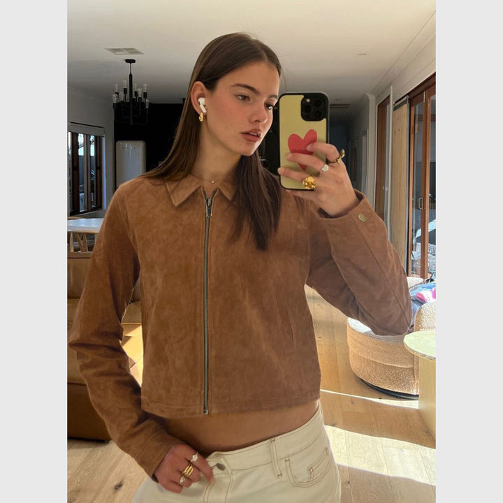 Women's Short-cut Suede Look Blouson Jacket with Shirt Collar and Zipper Mune Fashion