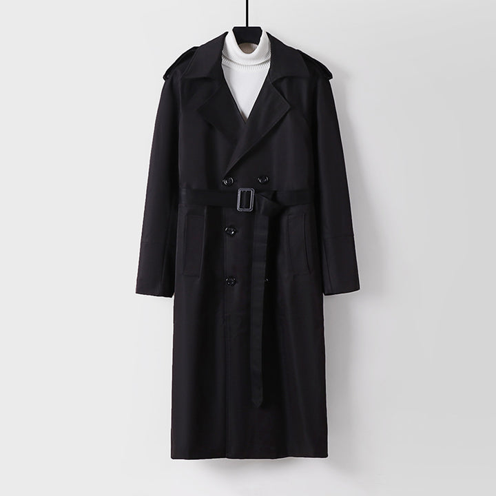 Men's Long Double-Breasted Trench Coat with Belt and Epaulettes Mune Fashion