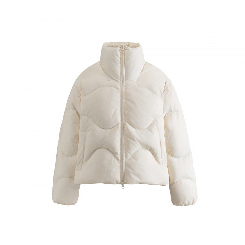 Women Short Quilted Jacket with High Collar and Wavy Quilting Mune Fashion
