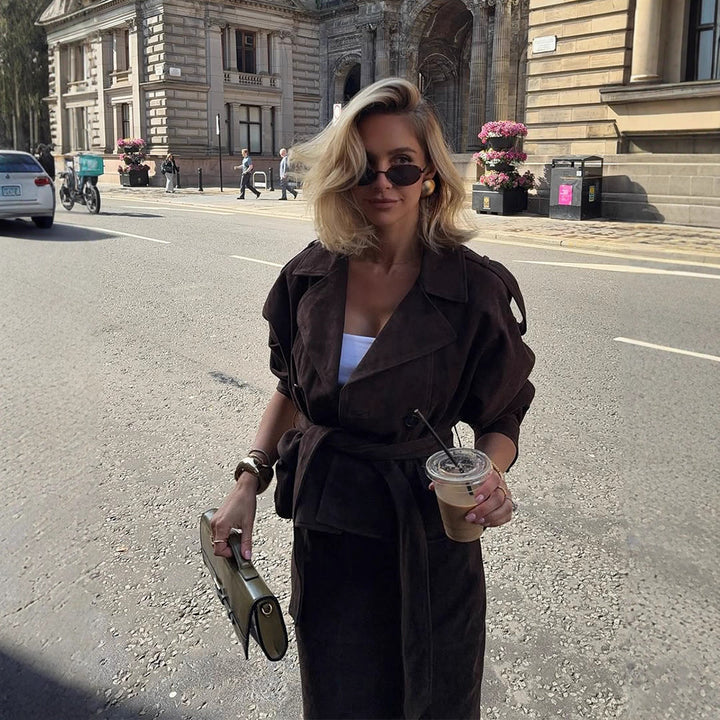 Women Velvet-Suede Trench Coat with Waist Belt and Peplum Silhouette Mune Fashion