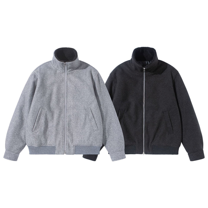 Unisex Boxy Wool Felt Bomber Jacket with High Stand-Up Collar, Fleece Lining and Ribbed Hem Mune Fashion