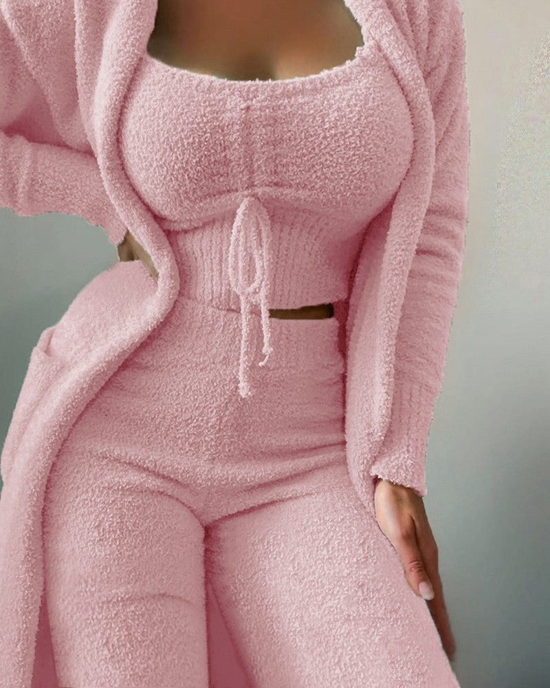 Women's luxurious teddy fleece lounge set with long cardigan, gathered cropped bustier and high waist pants Mune Fashion
