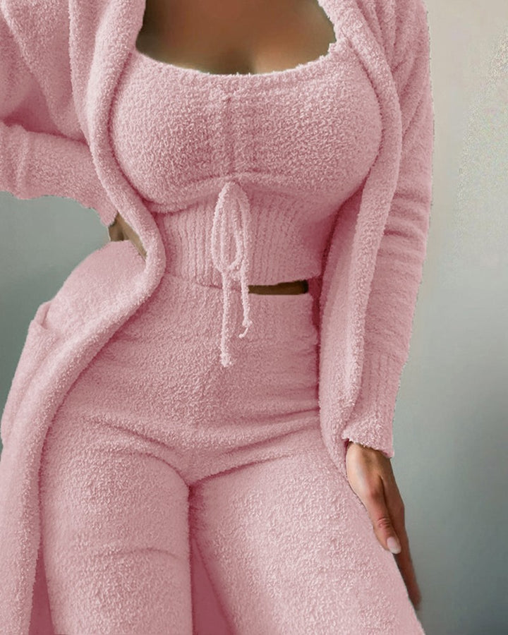 Women's luxurious teddy fleece lounge set with long cardigan, gathered cropped bustier and high waist pants Mune Fashion