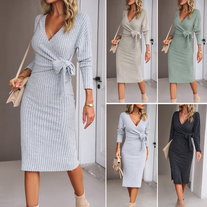 Ladies ribbed wrap midi dress with waist bow Drune