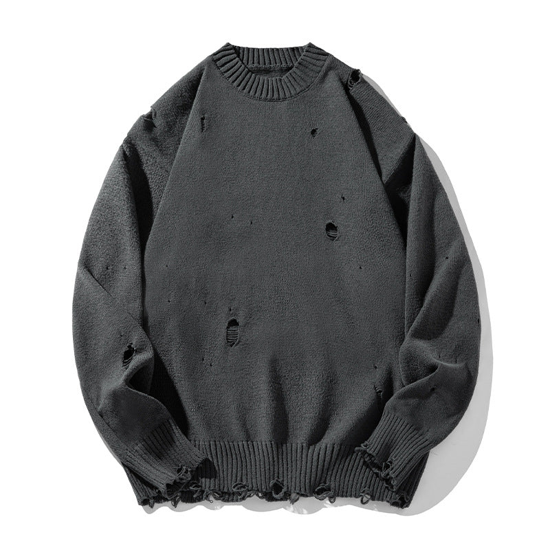 Unisex Oversize Knit Sweater in Destroyed Look with Round Neckline, Chunky Knit and Ribbed Hem Mune Fashion