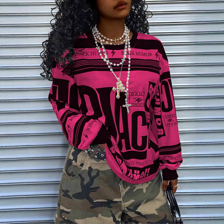 Women's Oversize Long Sleeve Sweatshirt with Allover Graphic, Round Neck and Ribbed Cuffs Mune Fashion