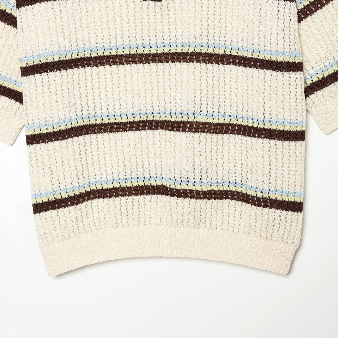 Women's short-sleeve polo pullover made of openwork knit with open V-neck Mune Fashion