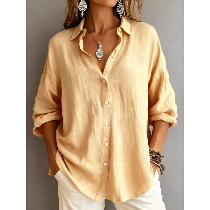 Women's Loose Linen Look Shirt with Oversized Cut and Round Hem Mune Fashion