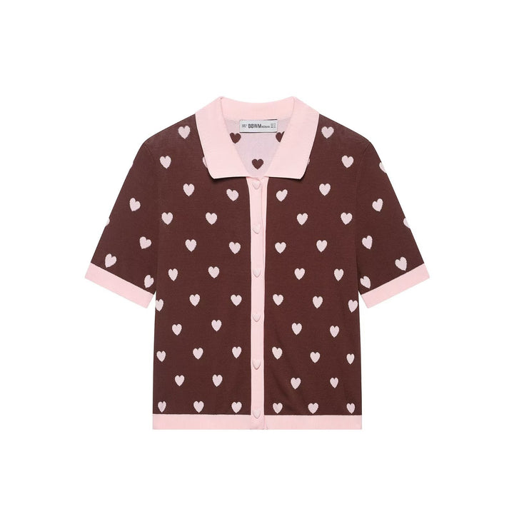 Women Short Sleeve Knitted Cardigan with Polo Collar and Heart Jacquard Mune Fashion