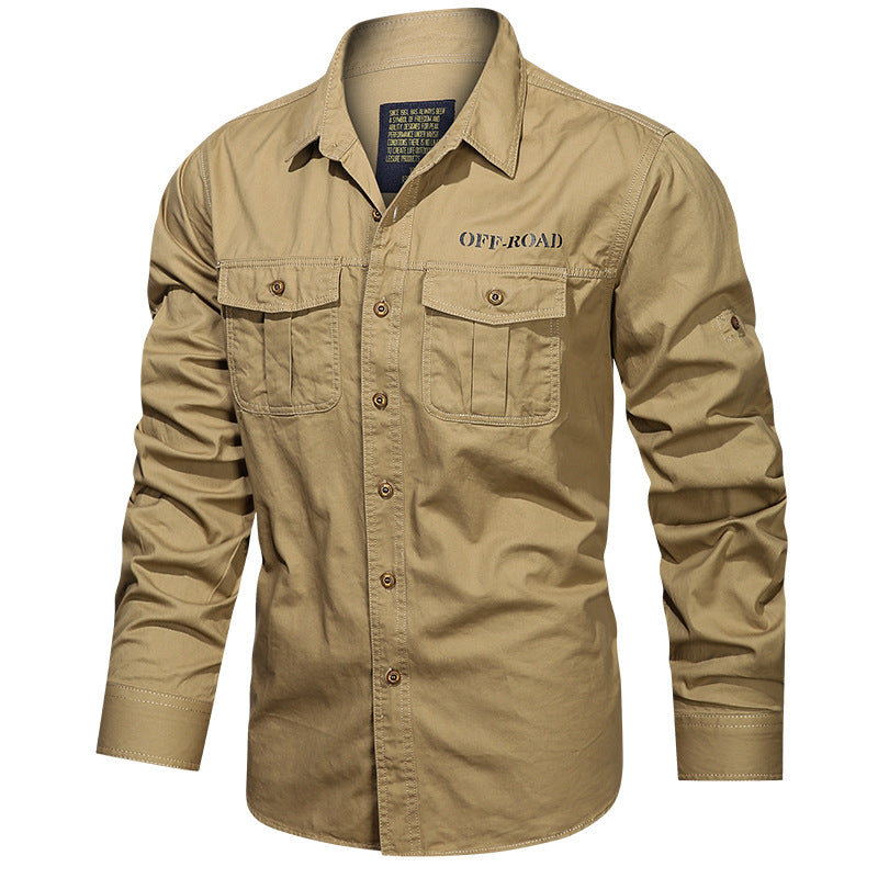 Men's robust utility shirt with patch chest pockets and sleeve tabs