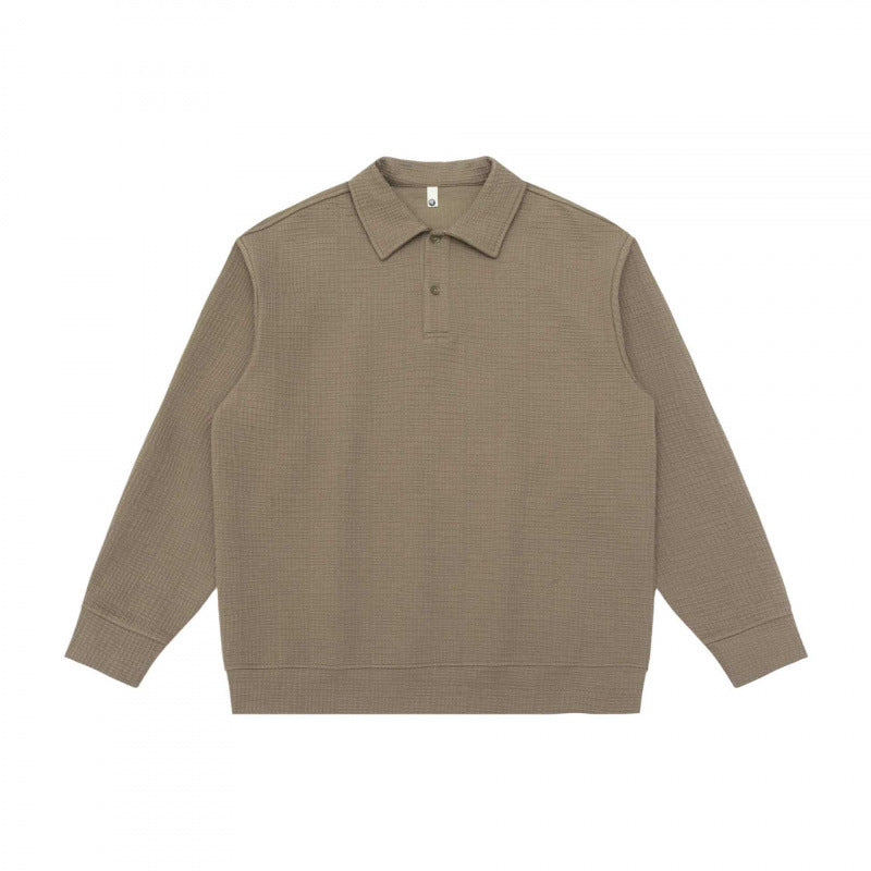 Unisex Long-Sleeve Knit Polo Shirt Sweater with Boxy Fit and Waffle Texture Mune Fashion