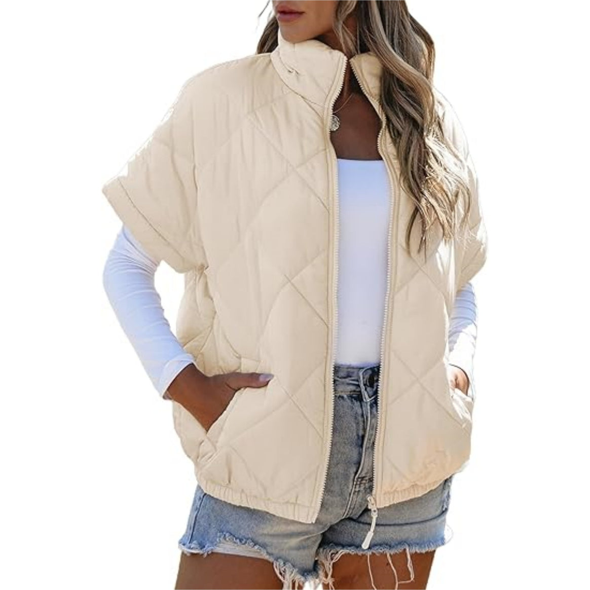 Women's short-sleeve quilted vest with stand-up collar, zipper, and side pockets Mune Fashion