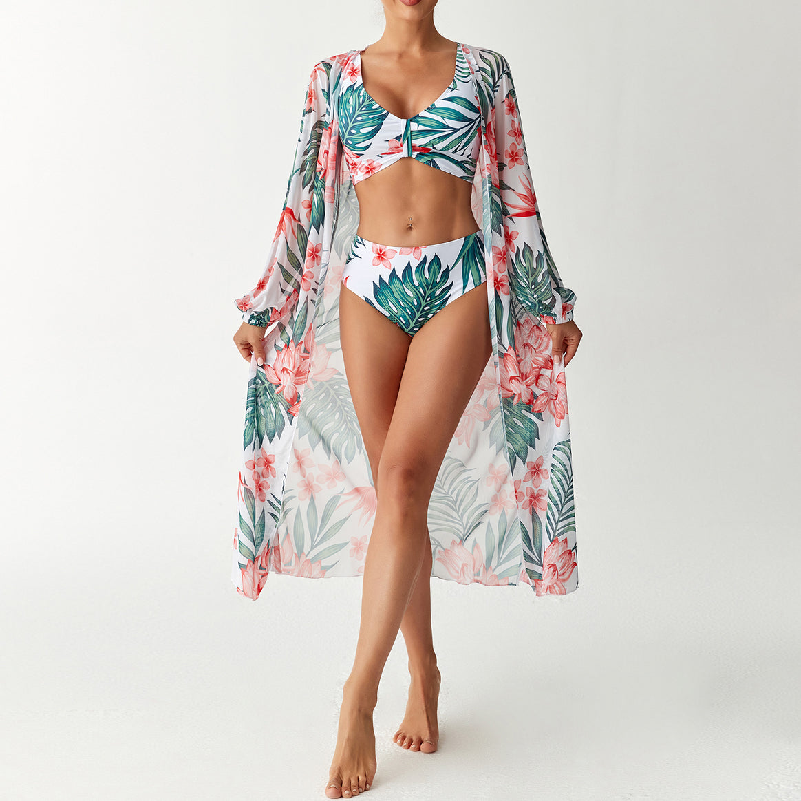 Women’s Bikini Set with Floral Design and Transparent Cover-Up Mune Fashion