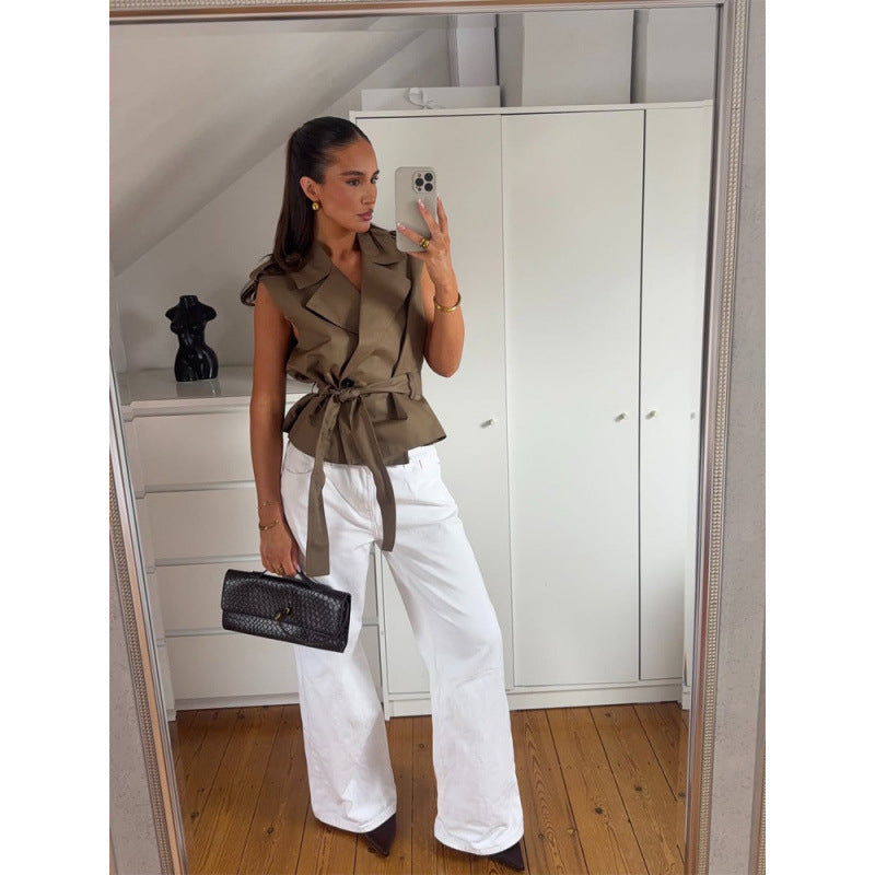 Women’s Sleeveless Tailored Trench Vest with Ties & Shoulder Flaps Mune Fashion