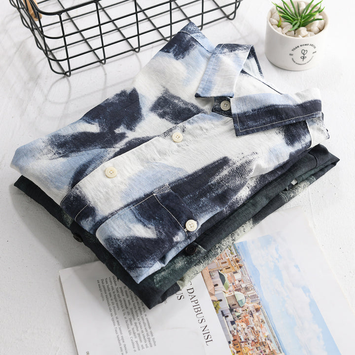 Men's Long Sleeve Shirt Jacket with Abstract Brush Print and Fine Crinkle Structure Mune Fashion