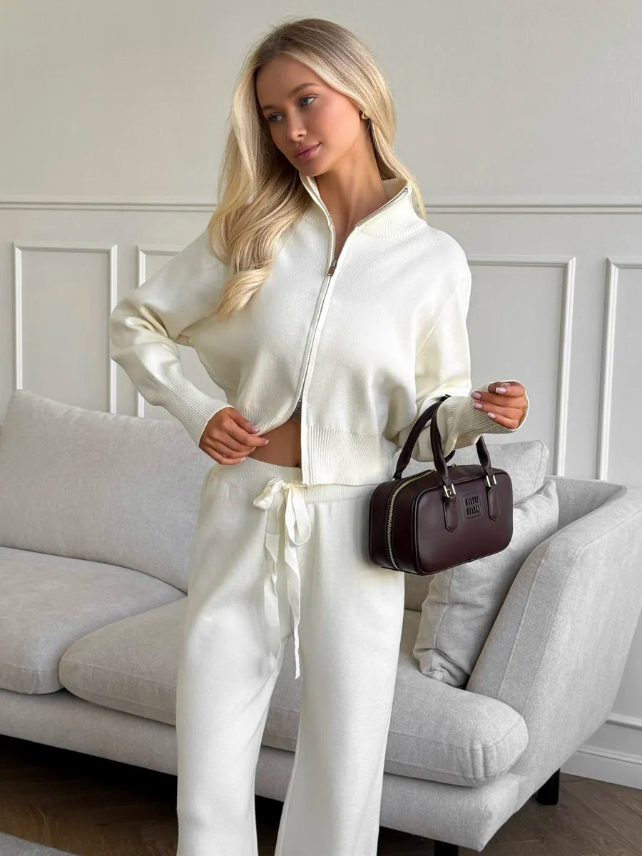 Women knitted loungewear two-piece with short zip cardigan and wide high waist pant leg Mune Fashion