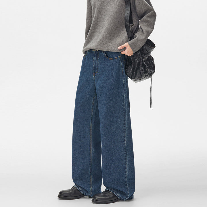 Men's Extra Wide High-Cut Denim Pants with Ultra-Long Hem and Straight Leg Mune Fashion