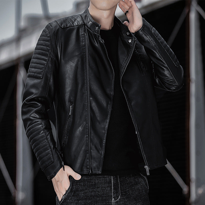 Men's biker jacket made of synthetic leather with quilted sleeve yoke and stand-up collar Mune Fashion