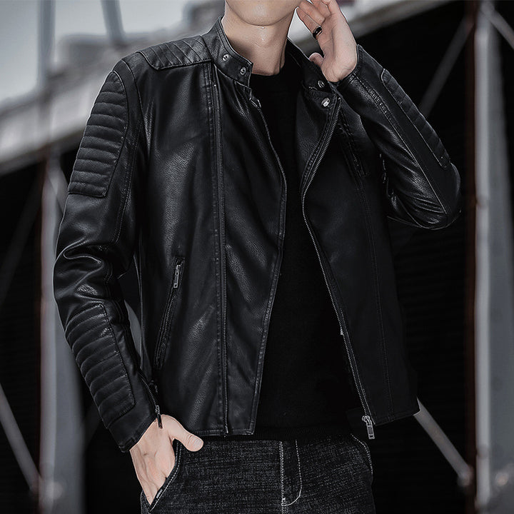 Men's biker jacket made of synthetic leather with quilted sleeve yoke and stand-up collar Mune Fashion
